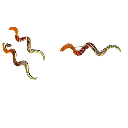 Vintage Laurel Burch Snake Pin Brooch Earrings Cloisonne Rainbow Multicolor Gold - Picture 2 of 10