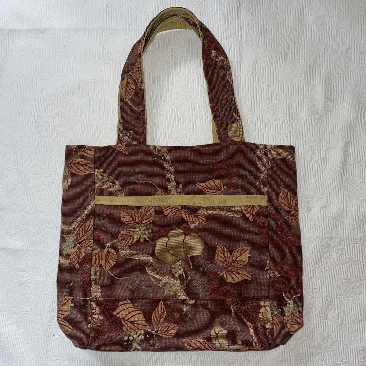 Vintage Reversible Tapestry Tote Bag Purse Multicolor Fall Leaf
