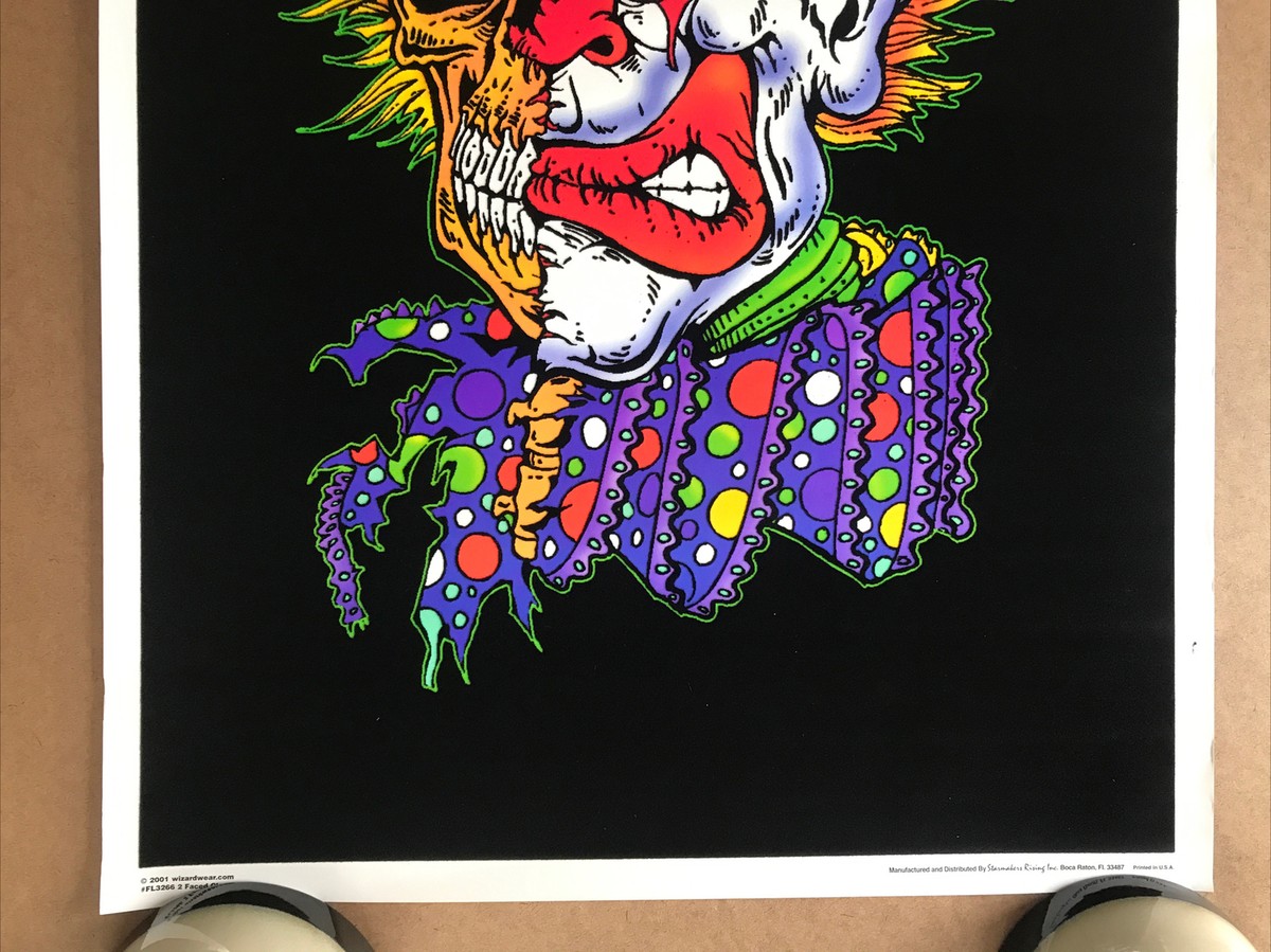 Vintage Original 2000s 2 Two Faced Clown Flocked Blacklight Poster