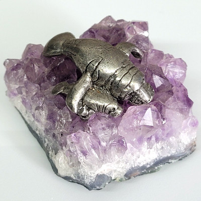Amethyst Druzy w/ Pewter Manatee Mom & Calf Geode Crystal Cluster 133g Vintage