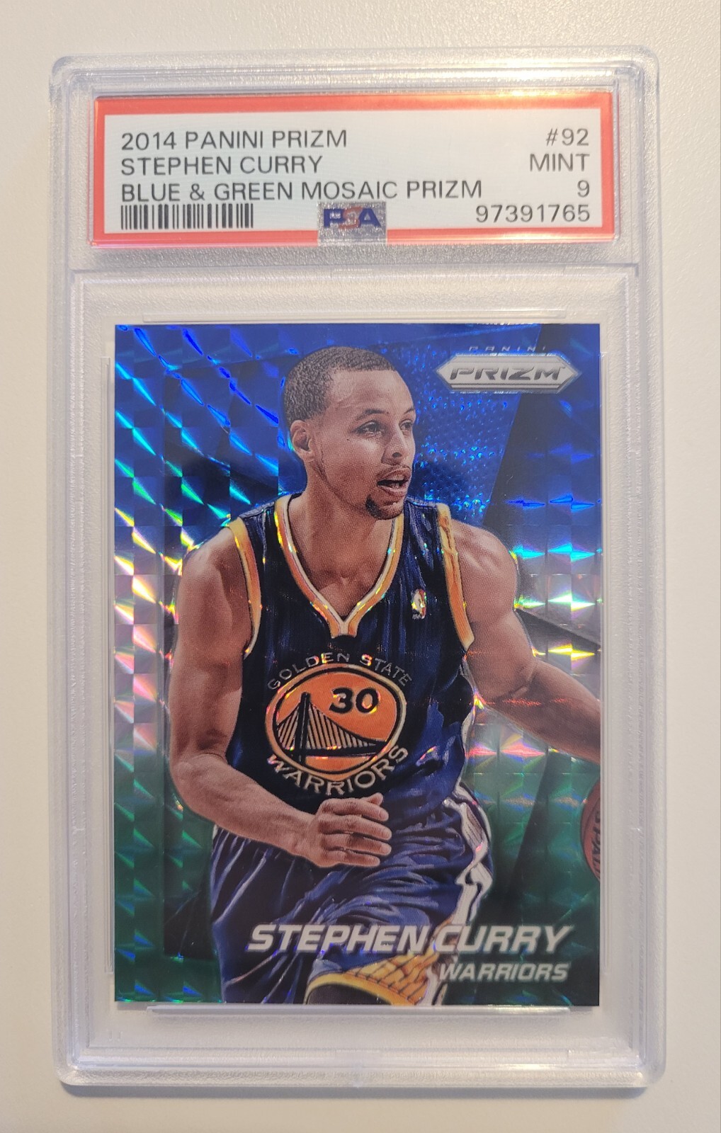 2014-15 Panini Prizm Blue & Green Mosaic Prizm #92 Stephen Curry PSA 9 Low Pop