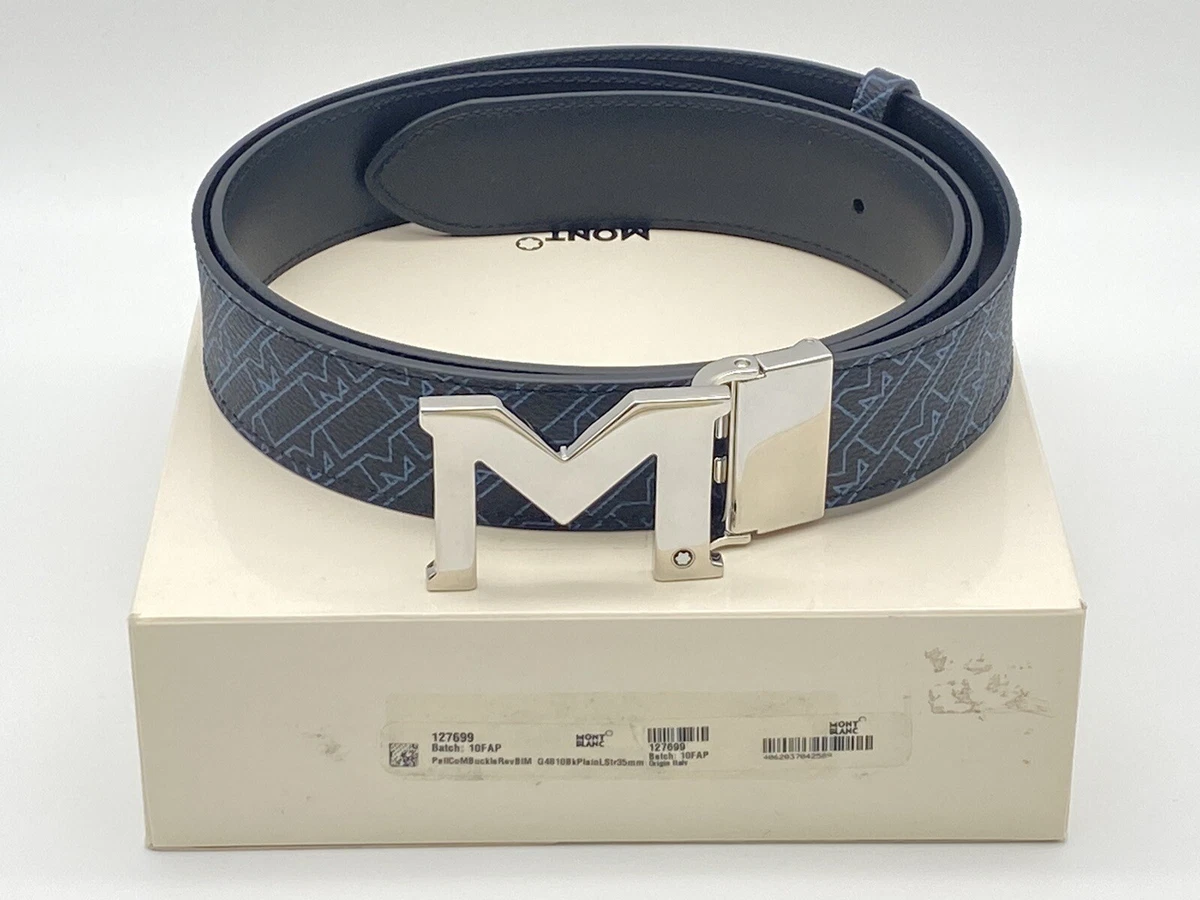 MONTBLANC M BUCKLE M GRAM BLUE BLK LEATHER REVERSIBLE BELT NEW 100