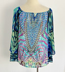She & Hers Womens Top Blue Green Long Bell Sleeve Embellished Boho Size S