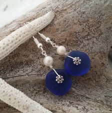 Handmade in Hawaii, Cobalt blue sea glass earrings, Natural pearl, "September