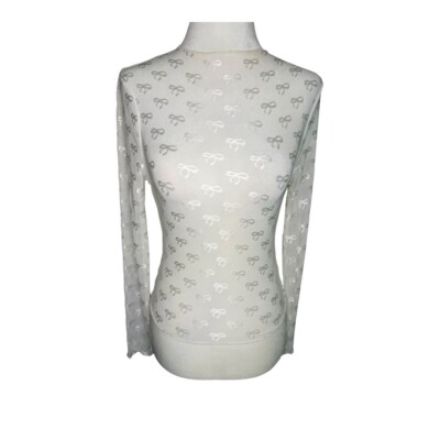 All in Favor Mesh Top Bow Print Long Sleeve Semi Sheer Ivory Blouse Size Small