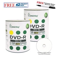 200 Smartbuy DVD-R 16X 4.7GB White Top Blank Media Disc + Black Permanent Marker