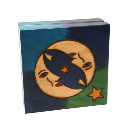 Enchanted World of Boxes Wooden Trinket Box Double Moon & Stars Poland New 4''