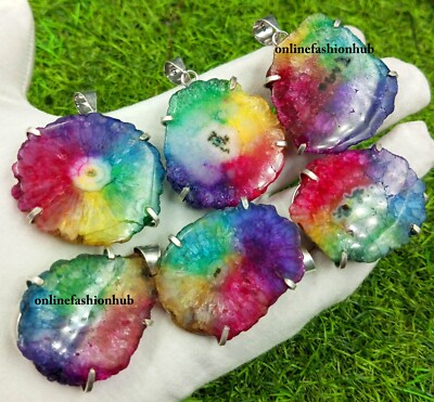 Rainbow Solar Quartz Gemstone 925 Sterling Silver Plated Prong Pendant Lot