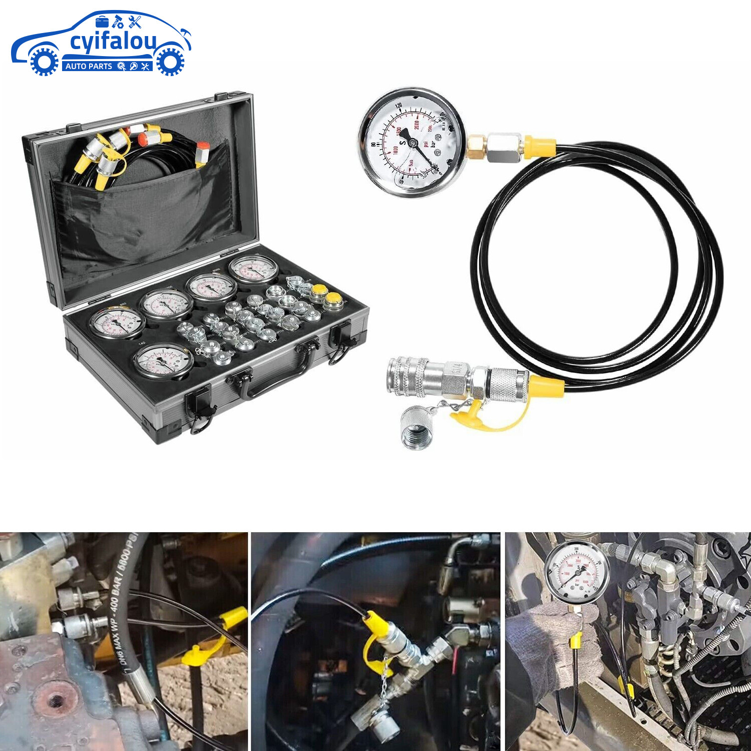 60P Hydraulic Pressure Test Kit 5 Gauges 24 Couplings 3 Test Hoses For Excavator