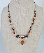 Collar Xiomara Castro Vintage Marrón Naranja Cuentas Tono Plata Cadena 16 pulgadas