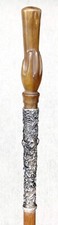 Vintage Antique Fist Carved Horn Sterling Silver Swagger Walking Stick Cane Old