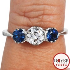 Vintage Old European Diamond 0.70ct Sapphire 17K Gold Three Stone Ring 2.1 Gr NR