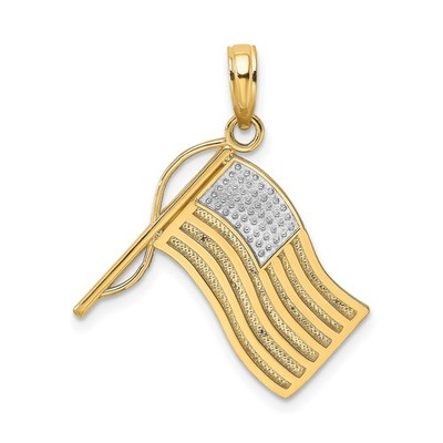 14k Gelb-Rhodium Gold Amerikanische Flagge Anhänger Winken USA Patriotisch Unisex Charm
