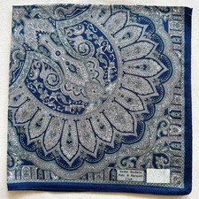 Vintage Handkerchief Blue Cotton Gray Antique Damask Pattern Pocket Square 17"