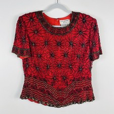 Adrianna Papell Boutique Blouse Large Red Silk Beaded Dressy Vintage