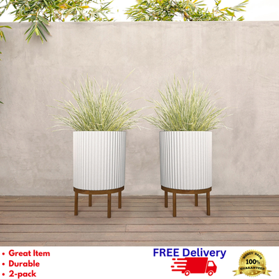 21.5" Mid Century Planter with Wood Stand Indoor Outdoor Stone Composite 2  Pack | eBay