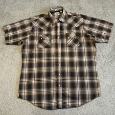Vtg Ely Cattleman Pearl Snap Shirt Mens XLT Brown Plaid Western Cowboy Pockets
