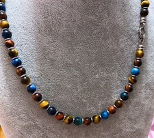 Collana Girocollo Uomo in Pietra Naturale Occhio di Tigre Giallo Rosso Blu 6mm