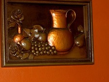 Brocca ORIGINALE VECCHIA VINTAGE frutta rose natura morta dipinto rame metallo arte