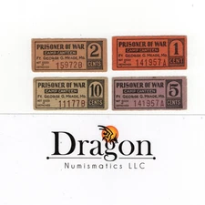 WWII POW Camp Canteen Tokens Fort George G.Meade MD-4 piece set 1¢,2¢,5¢,10¢Rare