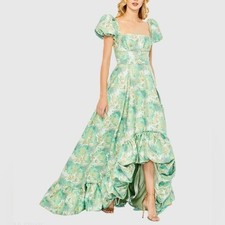 NWT Mac Duggal 68276 Green Floral Print Puff Sleeve High Low Brocade Gown Sz 10