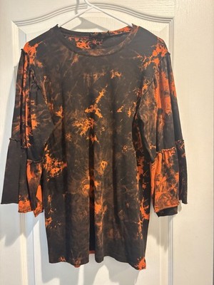 Lucky & Blessed Orange Black Tie Dye Bell Sleeve Top Women s Sz M Halloween