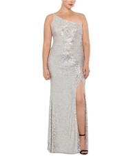 XSCAPE Womens Sequined One Shoulder Gown Dress, beige, Plus Size, 18W