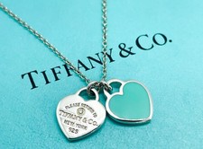 Tiffany  Co. Return Mini Double Heart Tag Pendant Necklace Blue Enamel Diamond