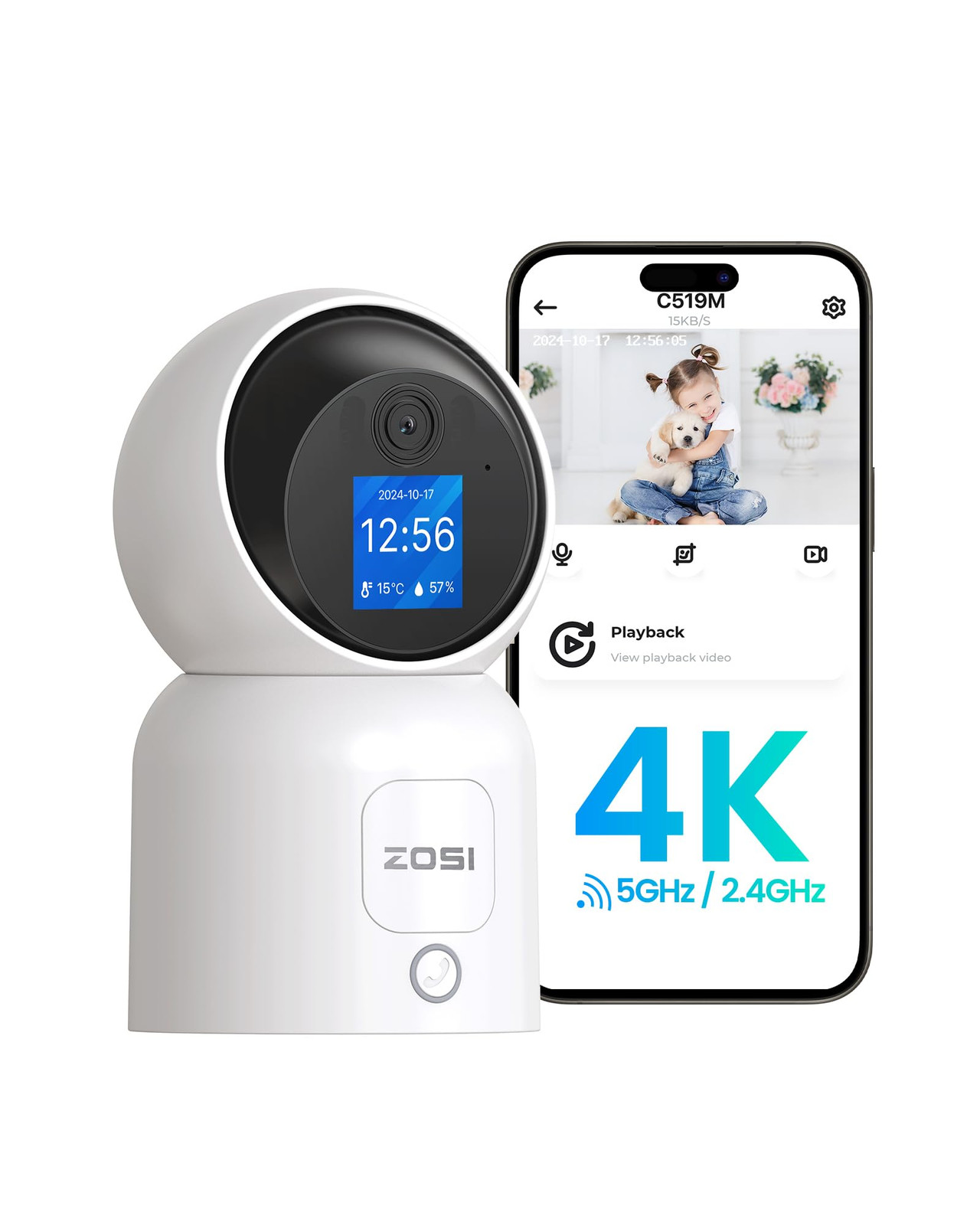 4K Pan/Tilt Smart Security Camera Indoor, Plug in 2.4/5GHz WiFi Camera, 2 Way...