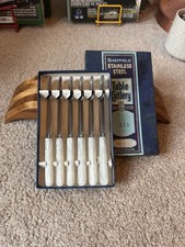 Vintage 1950s Sheffield Stainless Steel Faux Mother Of Pearl Butter Knife Set