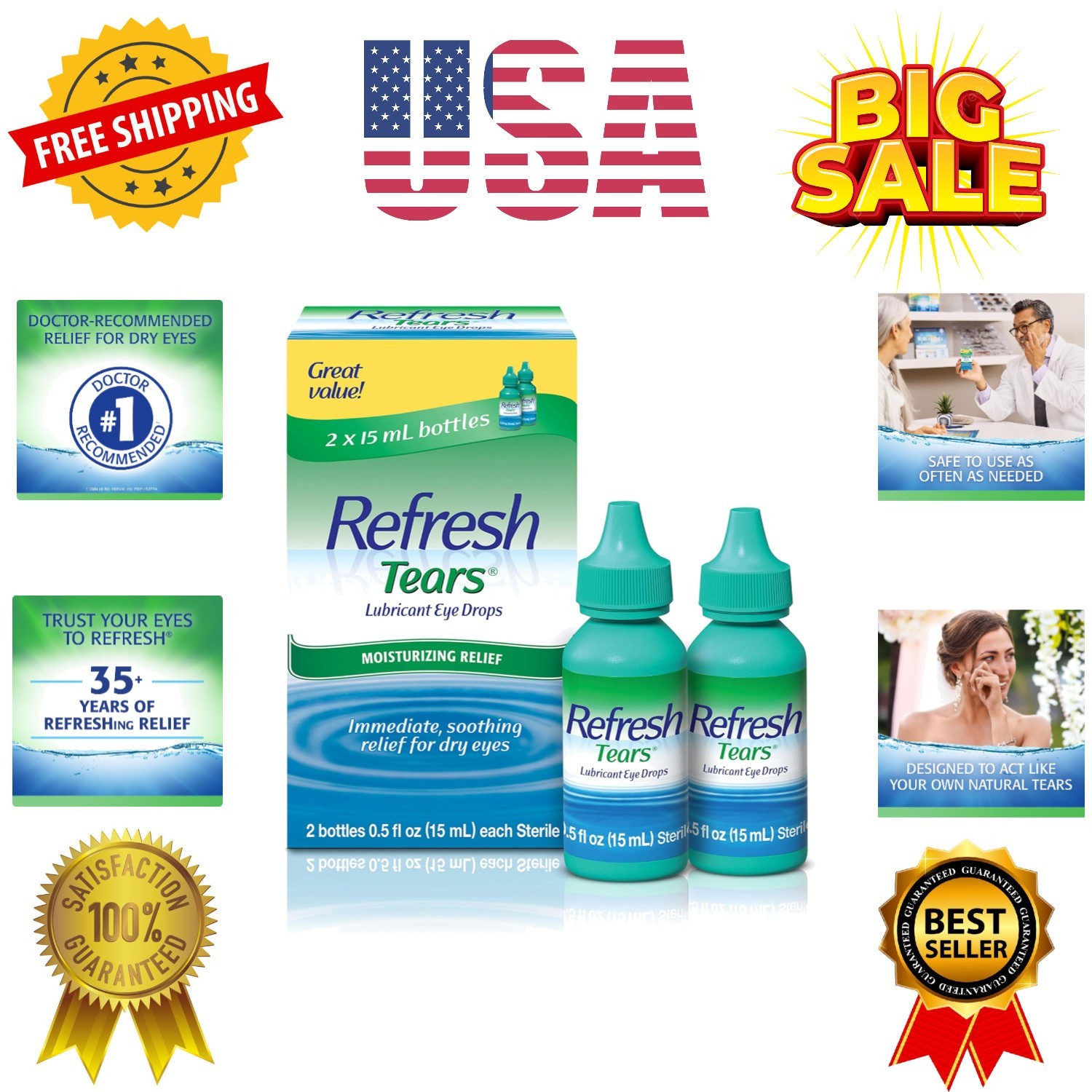 Tears, Lubricant Eye Drops, 2 Bottles .5 fl oz 15 ml