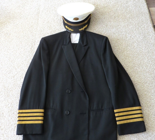 AUTHENTIC VINTAGE PAN AM CAPTAINS CAP WITH PIN, plus uniform jacket no buttons