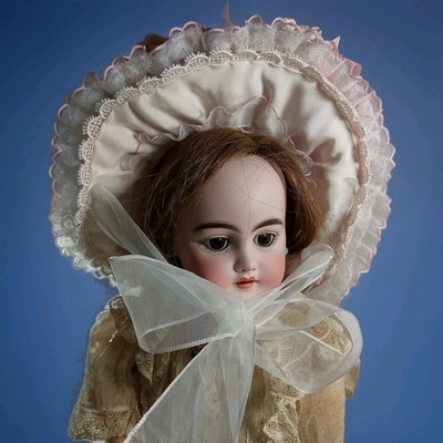 * DOLL HAT* for Antique FRENCH/GERMAN BISQUE DOLL BLUE Silk CIR.11-12~18'' Tall