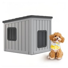 Indoor Outdoor Dog House Weatherproof Resin Sloped Roof Easy Assemble Gray