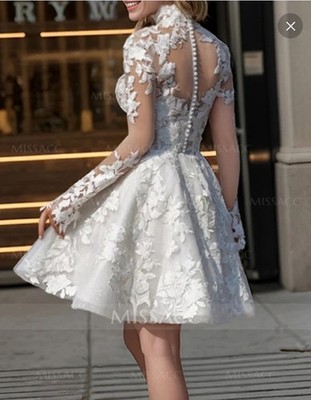 Lace Illusion Neckline Long Sleeve A-Line Short Wedding Reception Dress  Size 6 | eBay