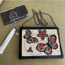 NEW  Mary Frances Leather Beaded Butterfly Tassel Convertible Crossbody Purse