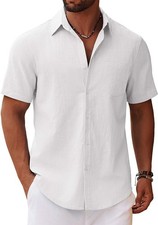 Mens 100 Cotton Shirt Short Sleeve Button Down Linen Look Casual Beach Wedding