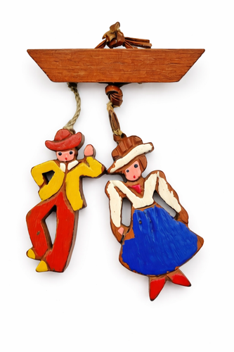 Vintage handgeschnitzte Holz handbemalte Dame und Herr hängende Brosche Anstecknadel