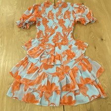 Olivaceous smocked ruffled dress Size Medium Floral Teal Orange Flirty Fun
