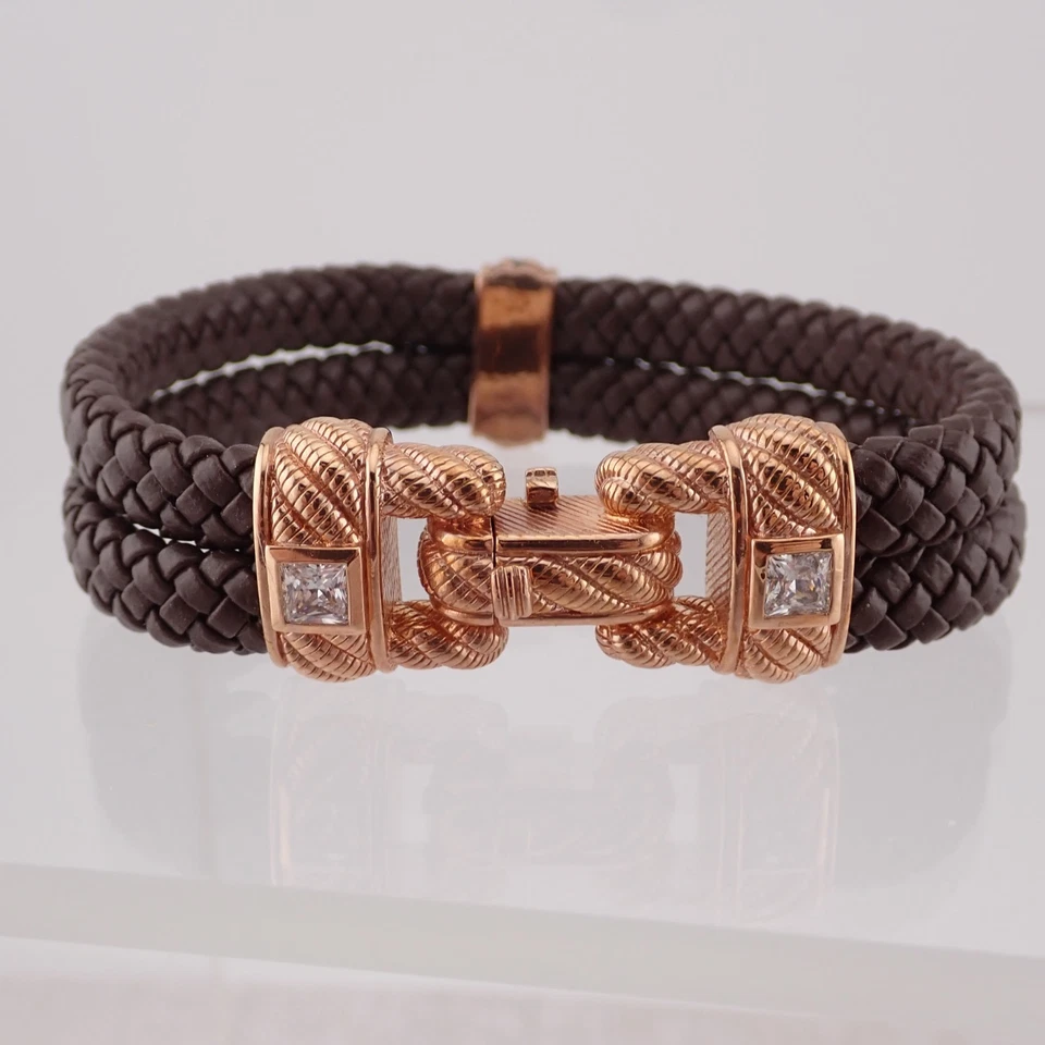 Brazalete de cuero trenzado marrón Diamonique Judith Ripka oro rosa sobre circonita esterlina Foto 2 de 4