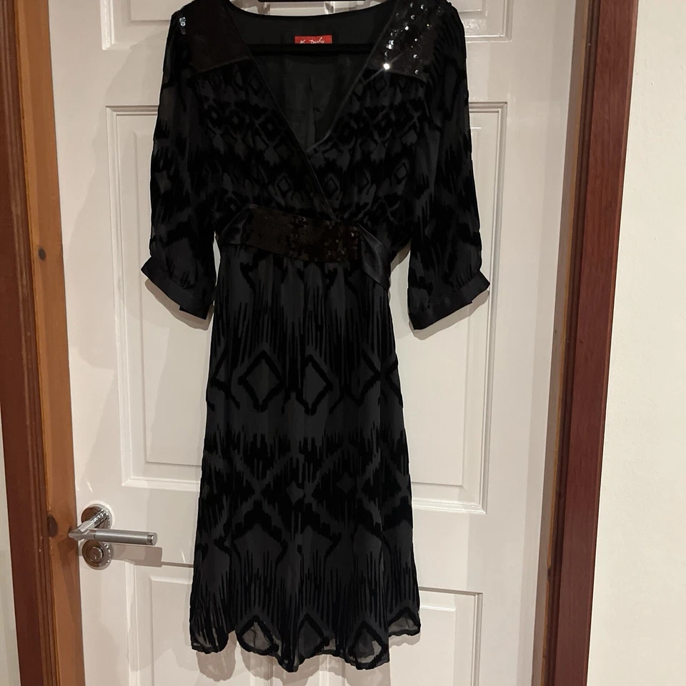Rene Derhy Black Sequin  Silk & Velvet  Fit & Flare EID, PROM  Dress Size S VGC - Image 2 of 4