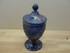 IMPERIAL GLASS GRAPE CANDY DISH WITH LID BLUE IRIDESCENT COLOR