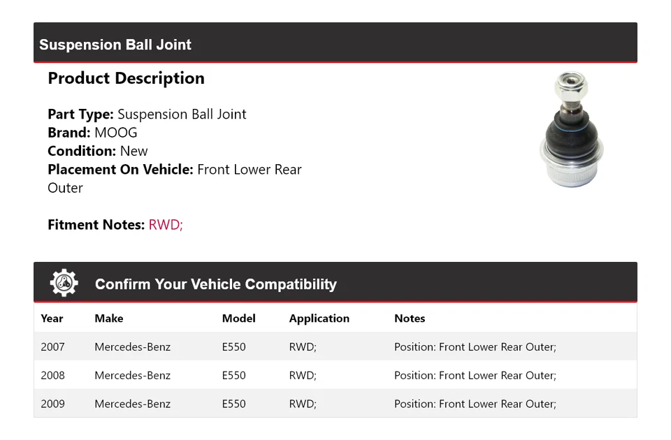 Rótula de suspensión para Mercedes-Benz E550 2007-2009 MOOG 2007 2008 2009 Foto 2 de 4