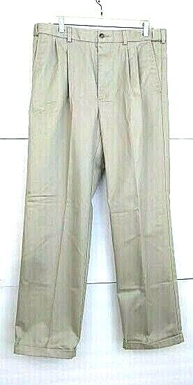 George Dress Pants Mens Size 34 Khaki Button Zipper Pockets Hem Cuff Pleated