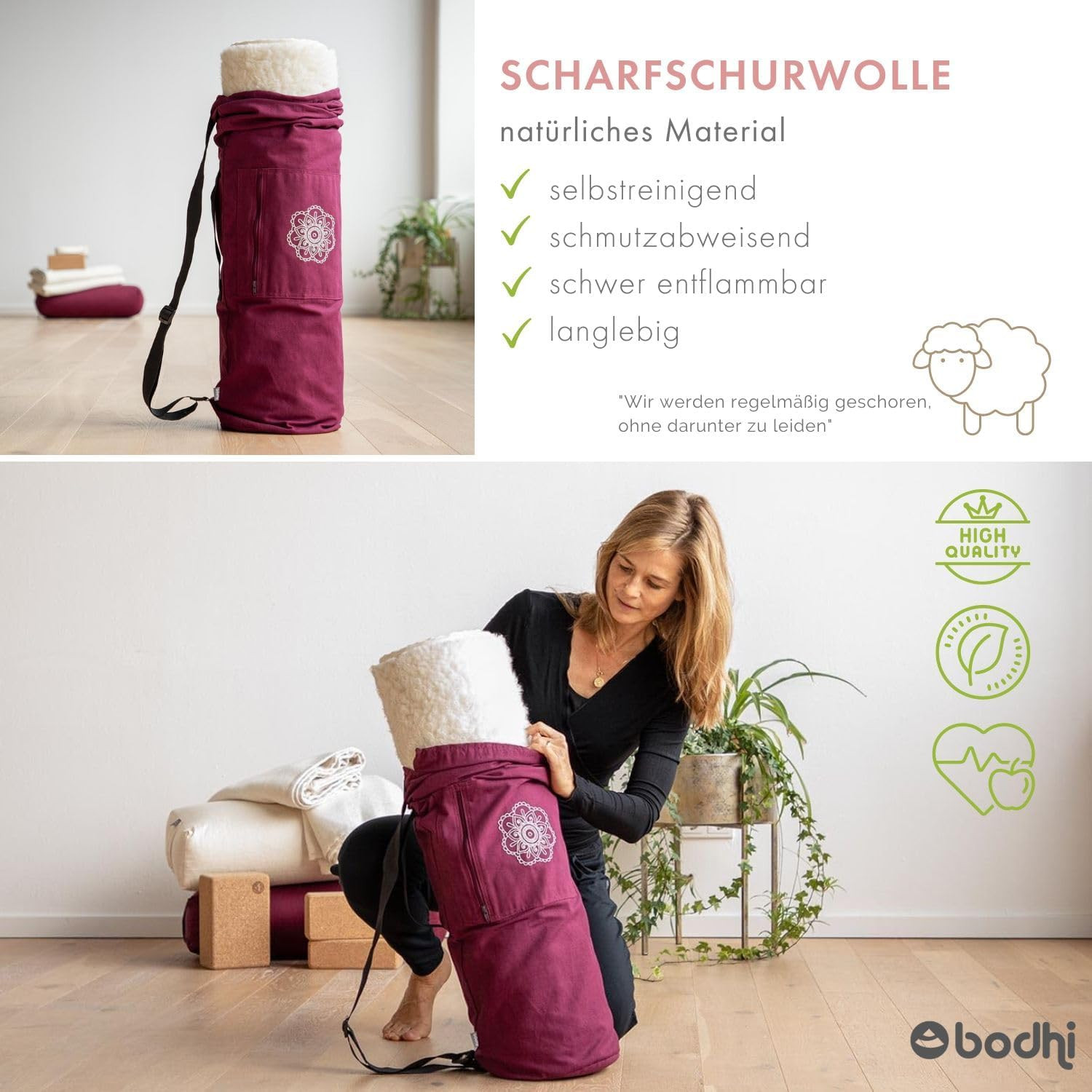 Bodhi Schurwoll-Yogamatte Natur | Schurwollmatte | 100% Schafschurwolle (1200 G/