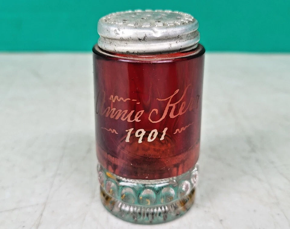 Heisey Souvenir Glass Shaker Punty Band EAPG #1220 Ruby Stained ANNIE KERR 1901 - Image 3 of 4
