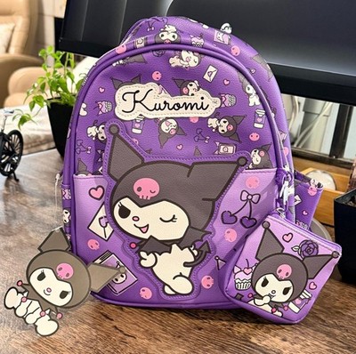 Sanrio Kuromi Hello Kitty Mini Backpack with Coin Purse 10.5 inch Black Purple