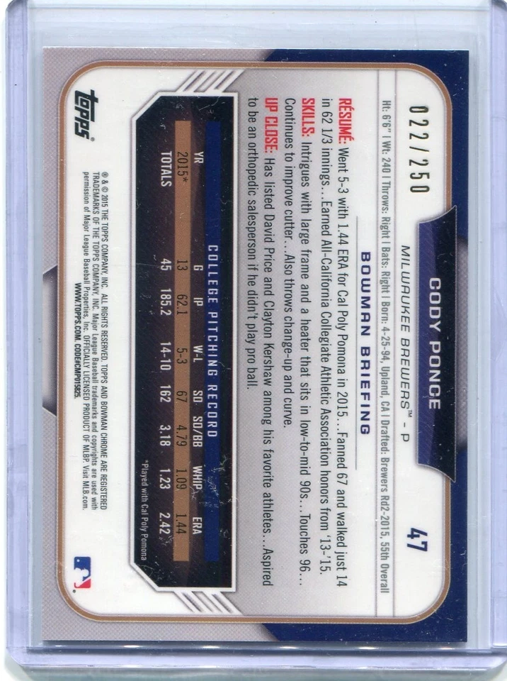 2015 Bowman Chrome Draft Cody Ponce Purple Refractor #22/250 - KBO - Blue Jays - Image 2 of 2