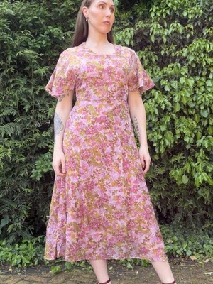Vintage 80er Jahre Sommerkleid Blumen Midikleid mit Flatterärmeln Gr. 12