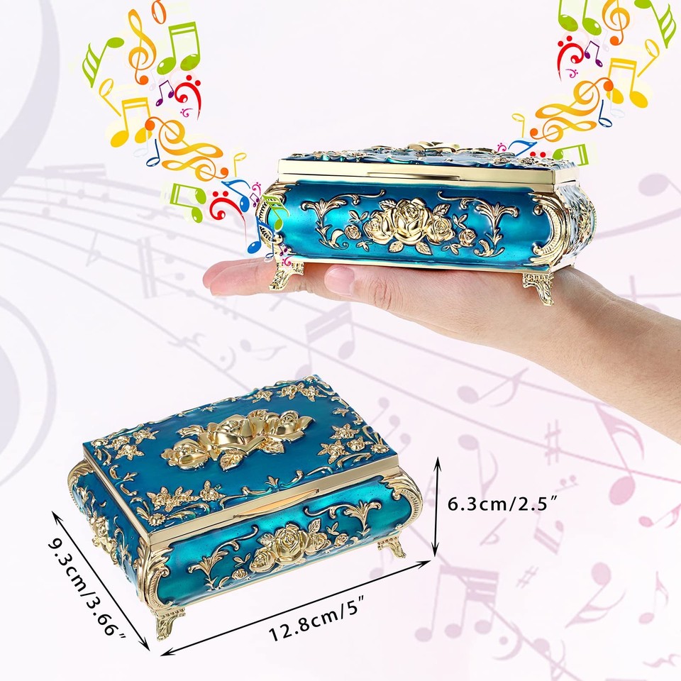 Metal Musical Jewelry Box Blue Gold (Tune You Are My Sunshine) Vintage ...